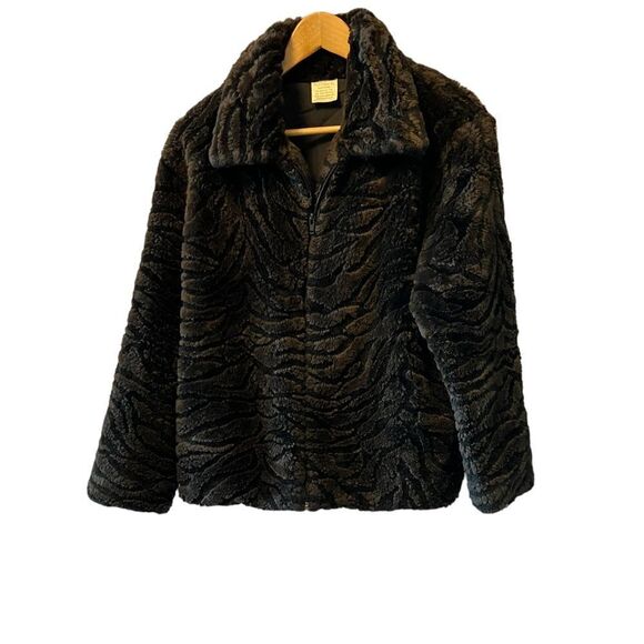 Brown Zebra Print Fuzzy Zip Up Mid Weight Teddy Jacket Coat M - Picture 1 of 8